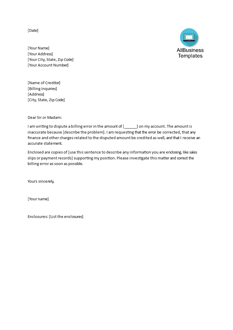 Sample Letter For Disputing Incorrect Billing | Templates At With Dispute Letter To Creditor Template