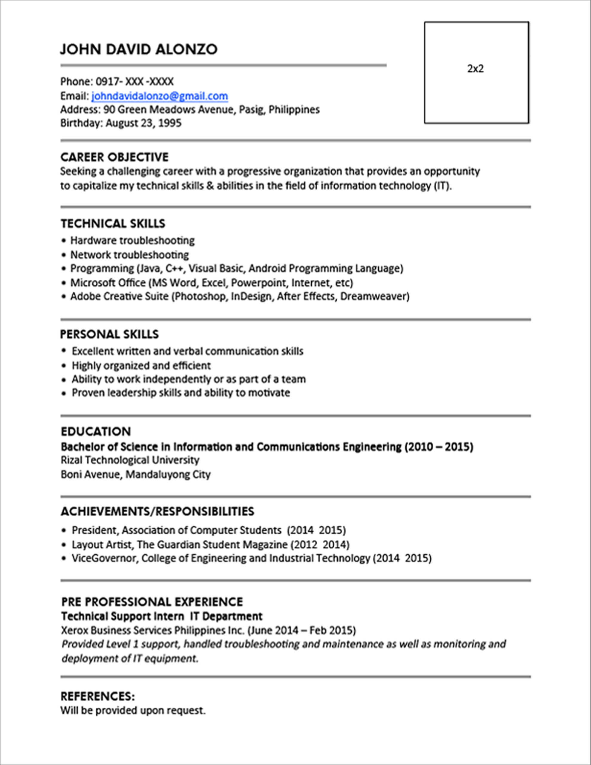 Sample Resume Format For Fresh Graduates (One Page Format With College Student Resume Template Microsoft Word