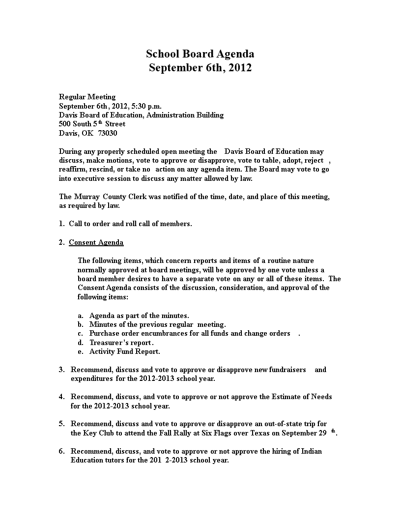 School Board Agenda Sample | Templates At Intended For Consent Agenda Template