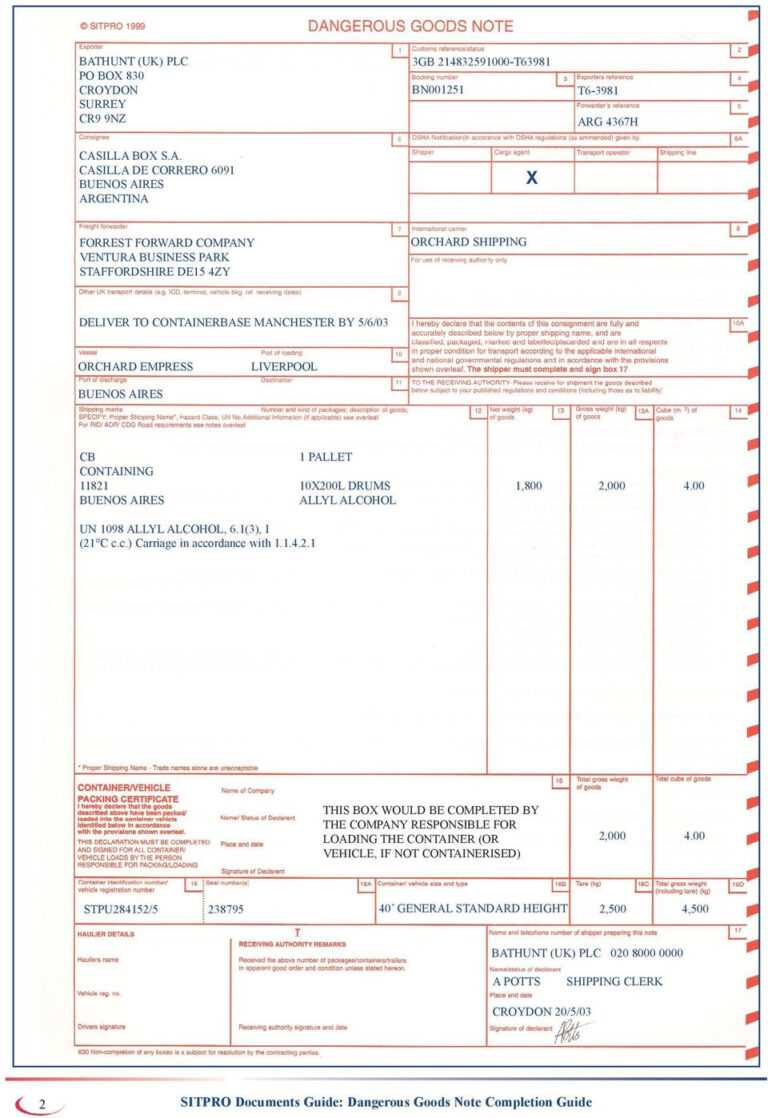 Dangerous Goods Note Template Word