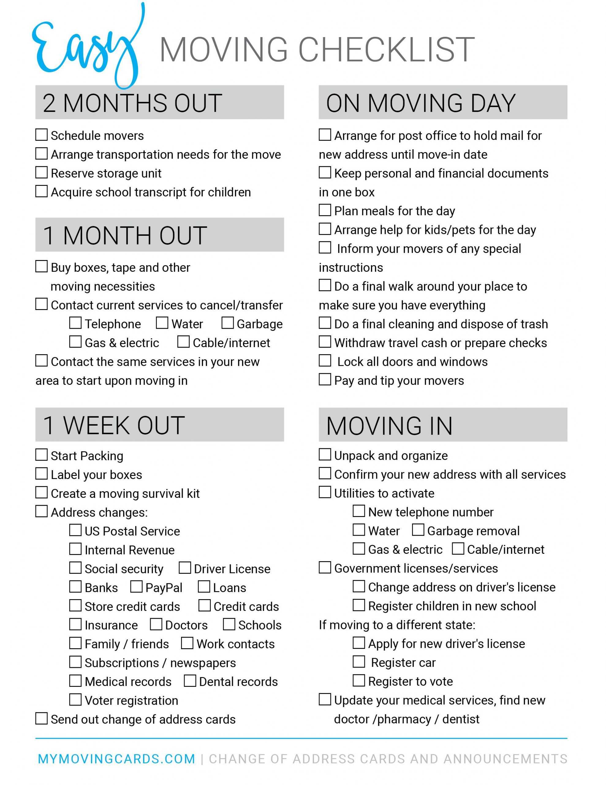 Spreadsheet Moving House Checklist Free Printable Download With Regard To Free Moving House Cards Templates