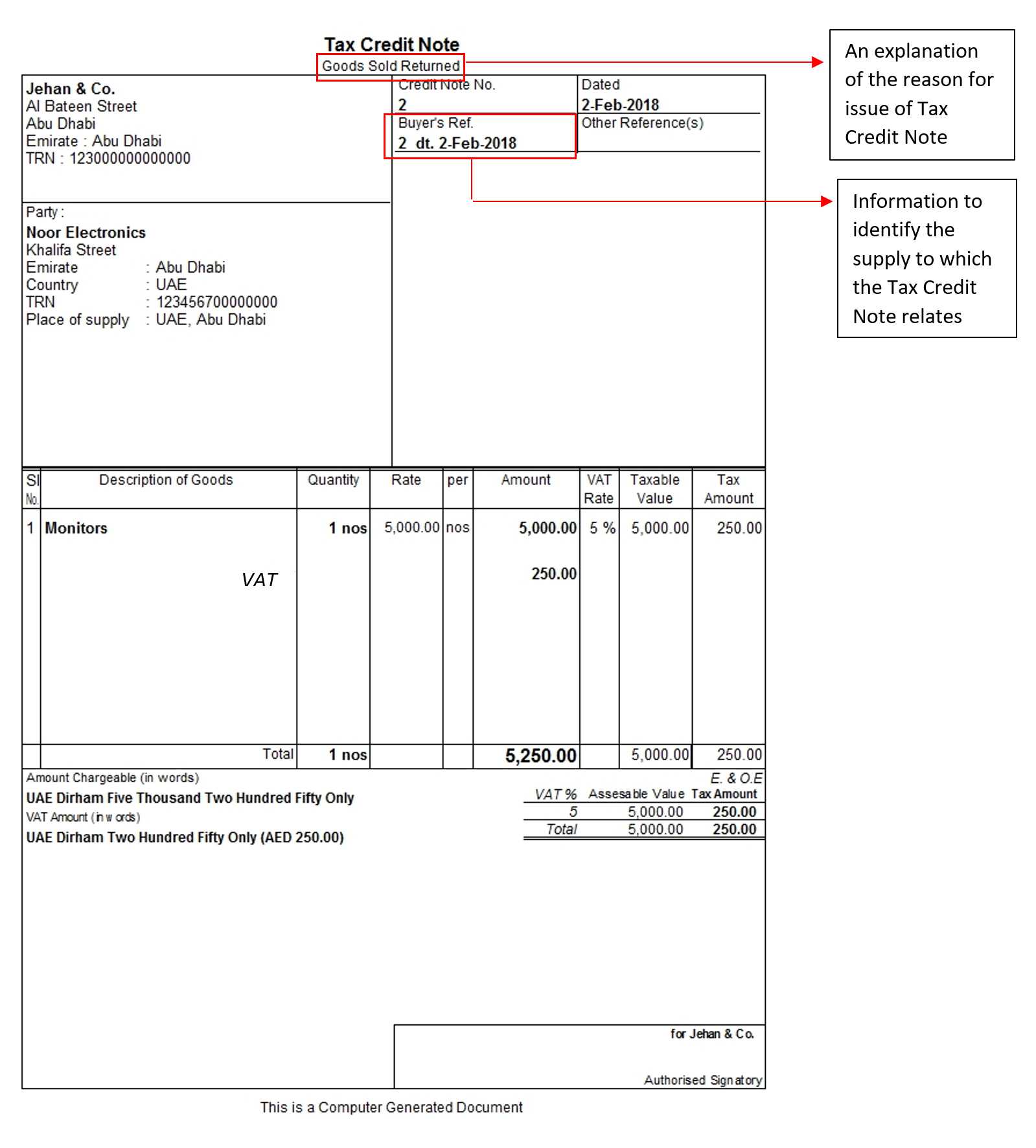 Tax Credit Note Under Vat In Uae | Credit Note Format For Credit Note Example Template