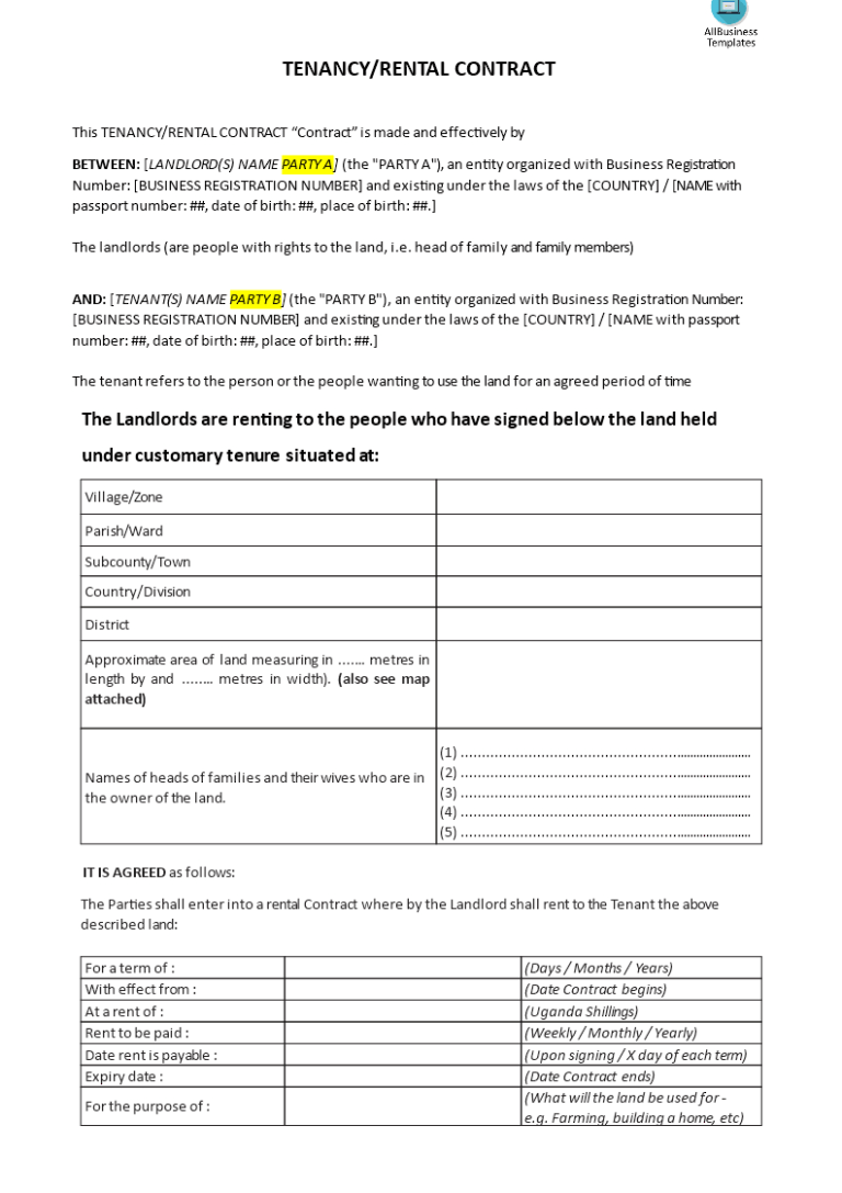 Tenancy Rental Contract Lease Of Land | Templates At In Farm Business ...