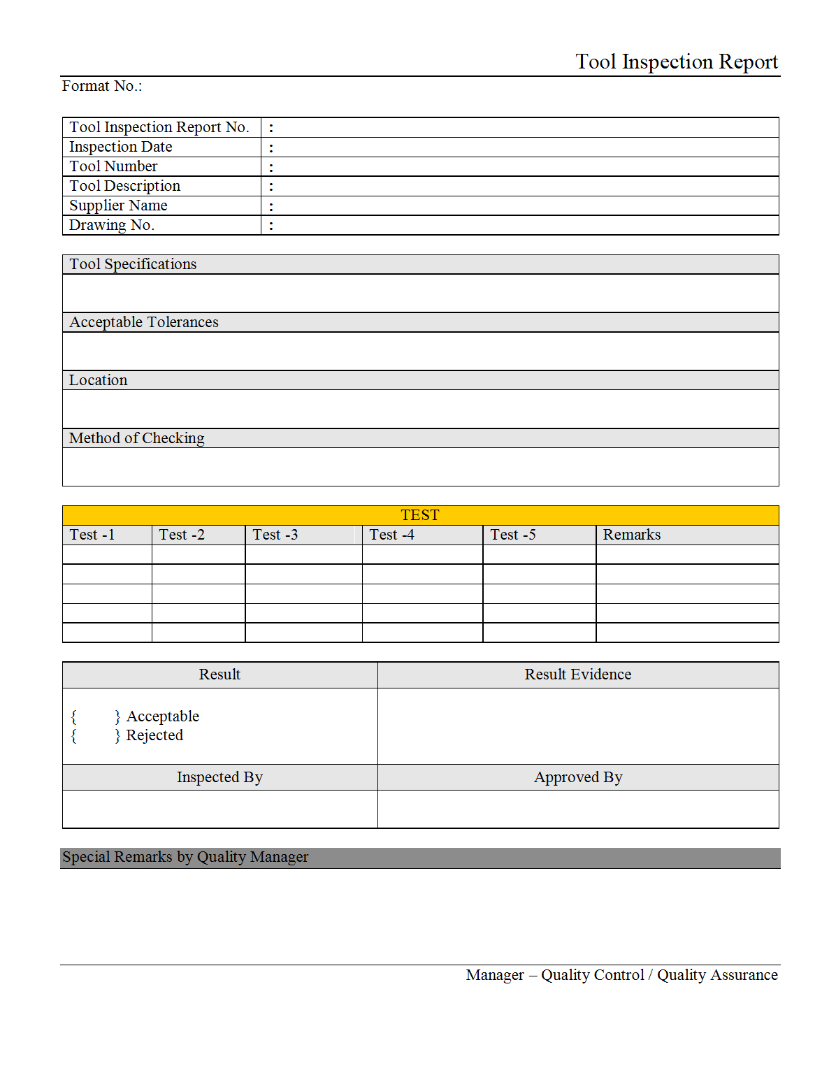 Tool Inspection Report – Within Engineering Inspection Report Template
