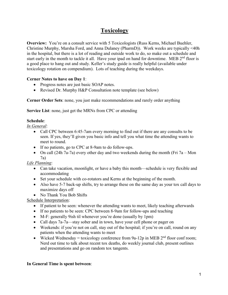 Toxicology Survival Guide Within Consult Note Template