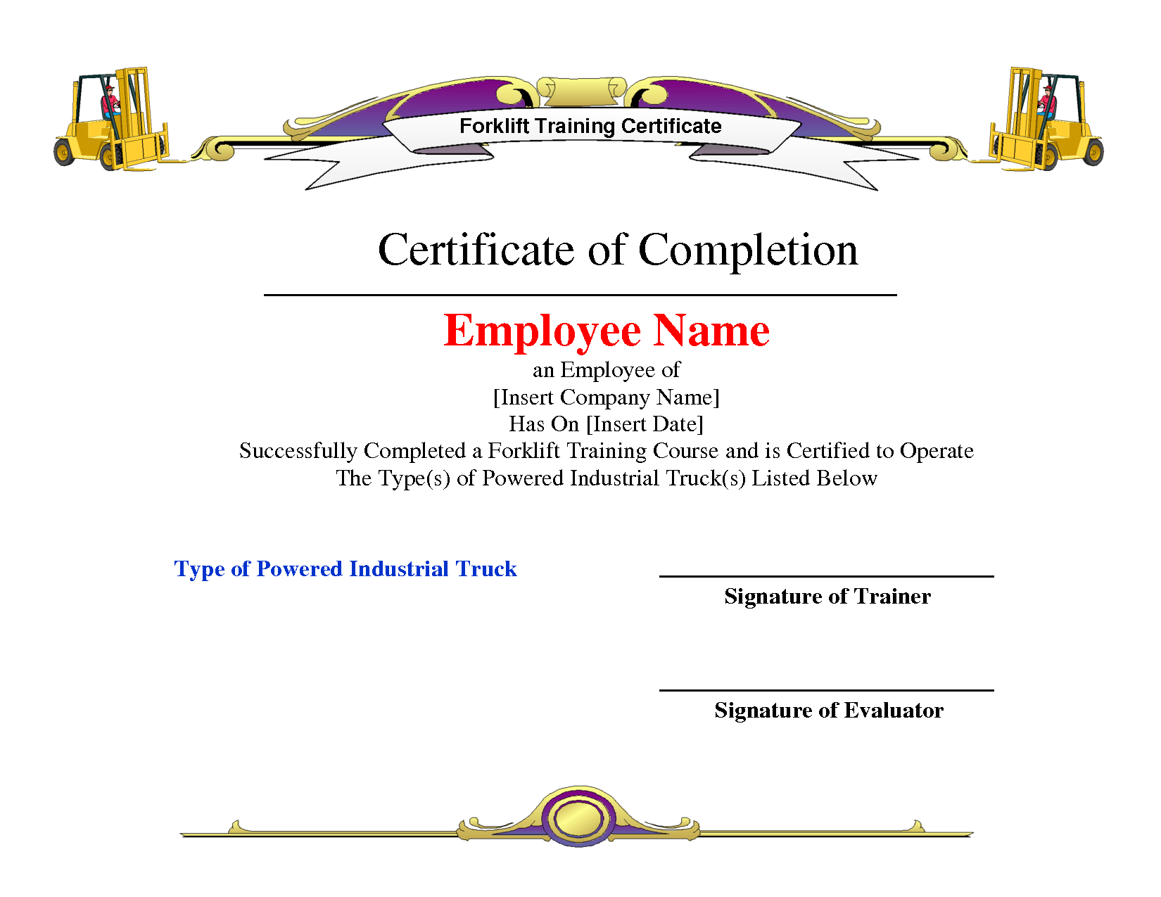 Training Certificate Template Word Format Course Free Pdf Within Forklift Certification Template