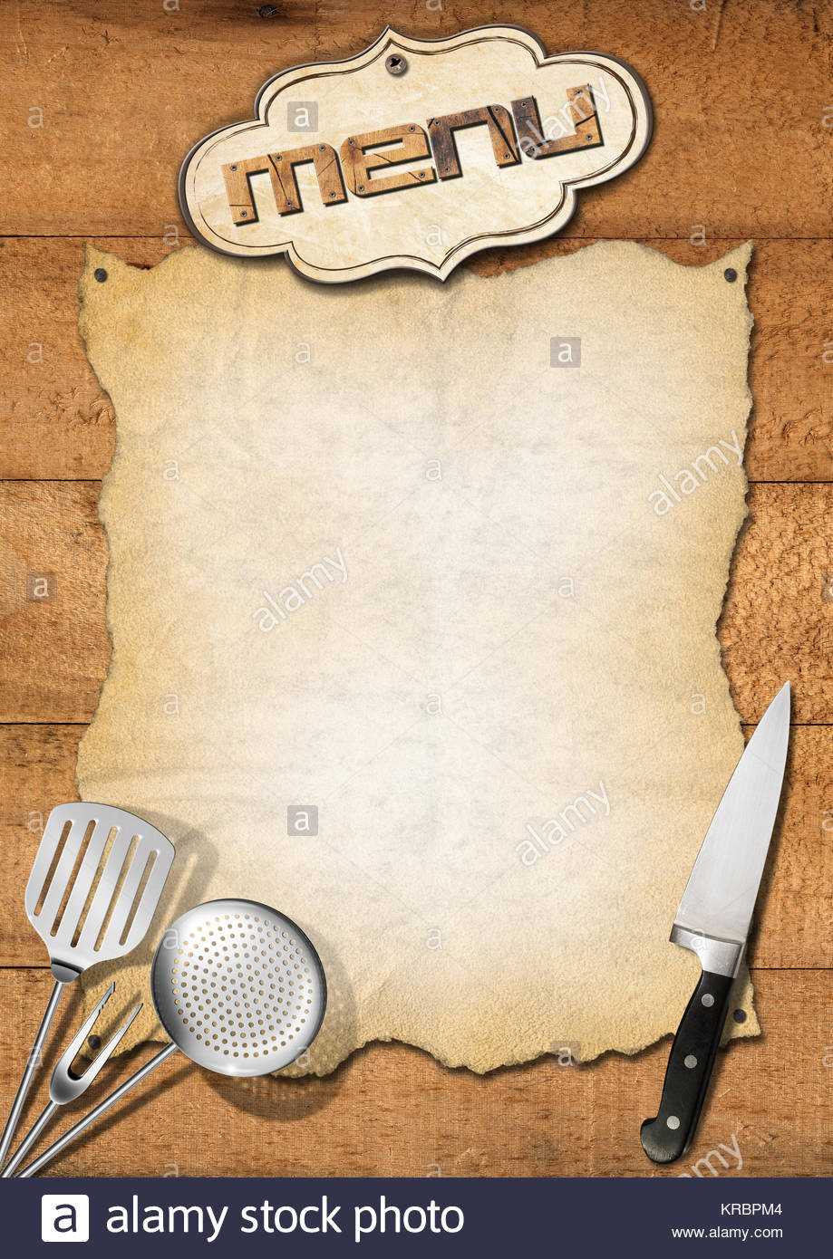 Wooden Boards With Empty Parchment And Kitchen Utensils With Regard To Empty Menu Template