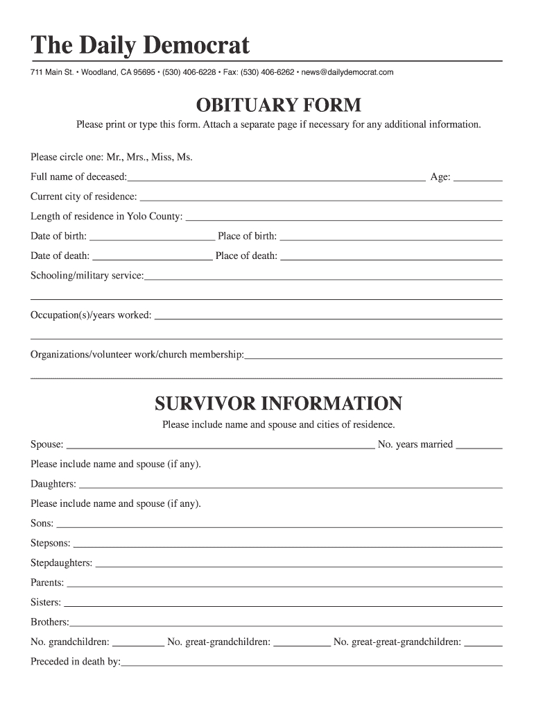 Writable Obituary Form – Fill Online, Printable, Fillable With Fill In The Blank Obituary Template
