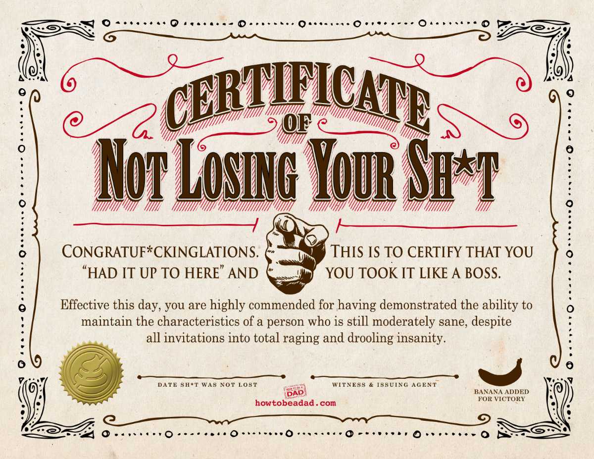 Your Certificate Of Not Losing Your Sh*t For Fun Certificate Templates